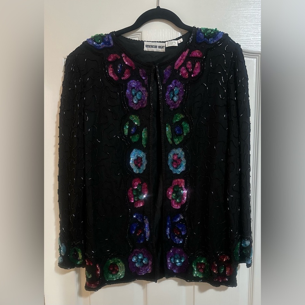 VINTAGE Women’s AMERICAN NIGHT SILK‎ SEQUIN BEADED Floral BLAZER JACKET Large.